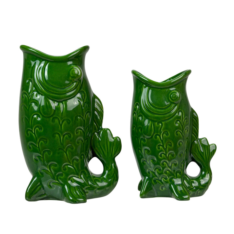 Green - Image 3 - Zeckos Porcelain Decorative Vases Set of 2 in Glossy Green Gurgling Fish Style, 8 X 5.5 X 3.75 in Overall,