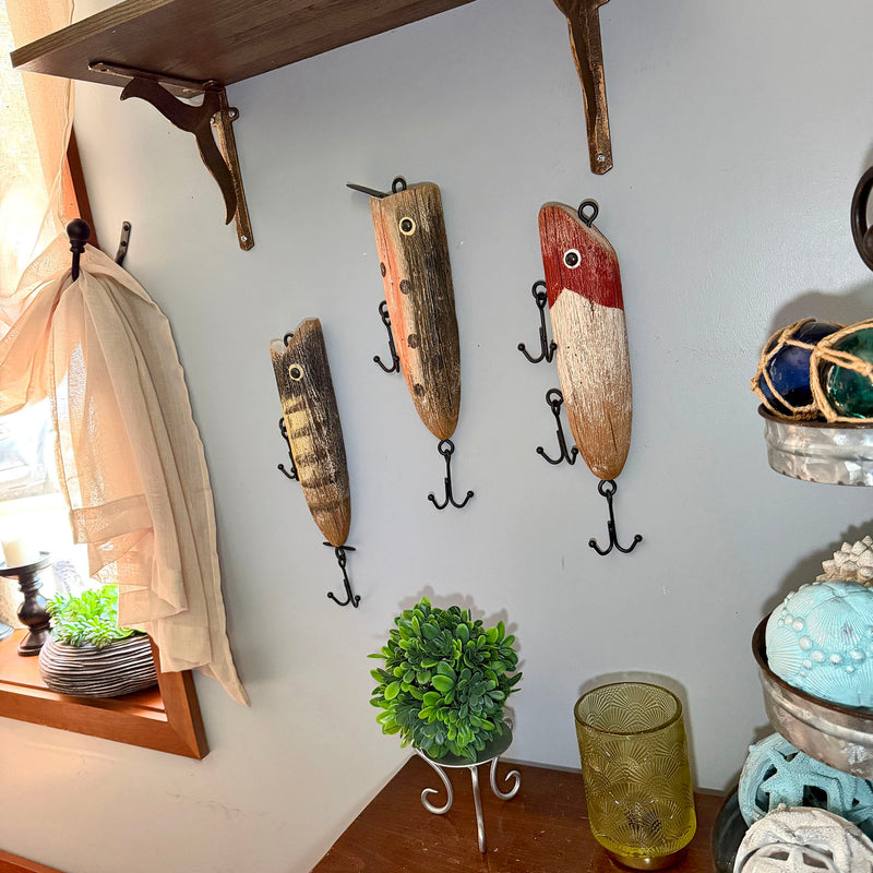 antique fishing lure decor Fishing Lure Wall Sculptures Set of 3 with Hooks