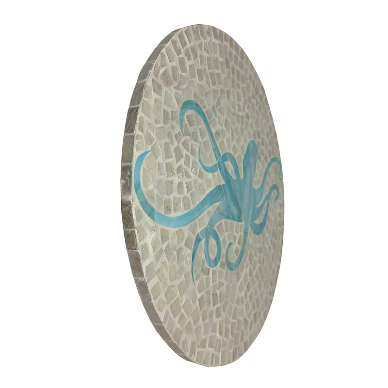 Zeckos Octopus Lazy Susan 16 Inch Handcrafted Capiz Shell Rotating Tray with Glossy Mosaic Surface, Light Blue and White