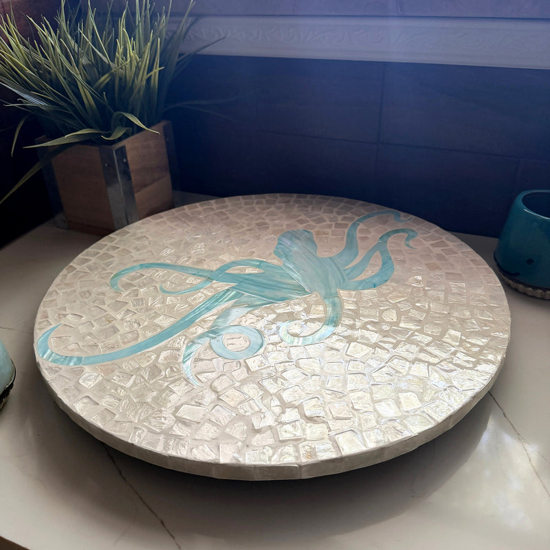 Zeckos Octopus Lazy Susan 16 Inch Handcrafted Capiz Shell Rotating Tray with Glossy Mosaic Surface, Light Blue and White