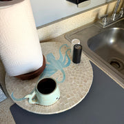 Zeckos Octopus Lazy Susan 16 Inch Handcrafted Capiz Shell Rotating Tray with Glossy Mosaic Surface, Light Blue and White
