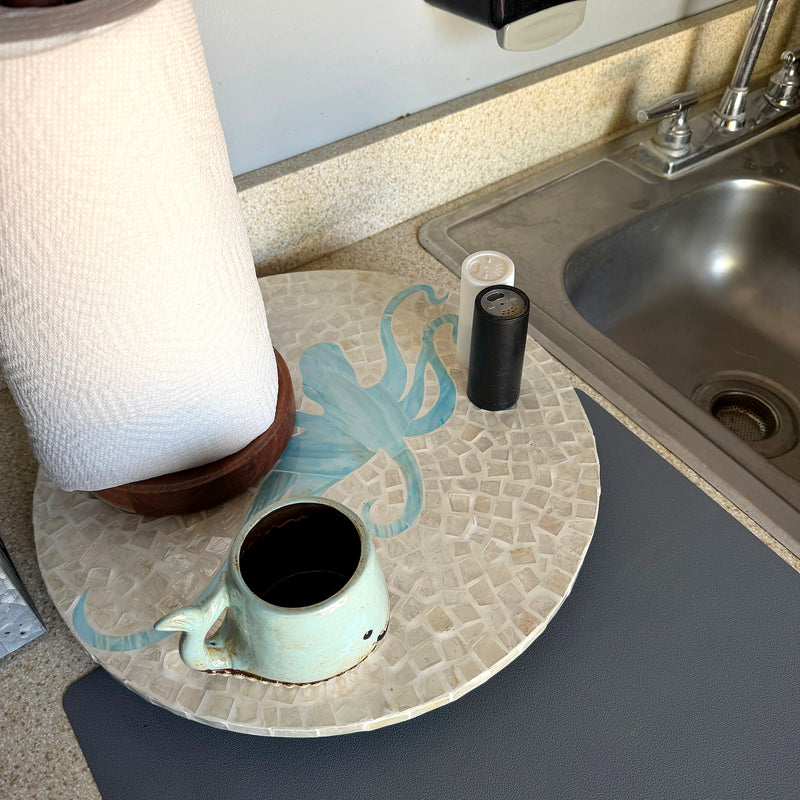 Zeckos Octopus Lazy Susan 16 Inch Handcrafted Capiz Shell Rotating Tray with Glossy Mosaic Surface, Light Blue and White