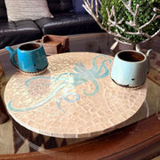 Zeckos Octopus Lazy Susan 16 Inch Handcrafted Capiz Shell Rotating Tray with Glossy Mosaic Surface, Light Blue and White