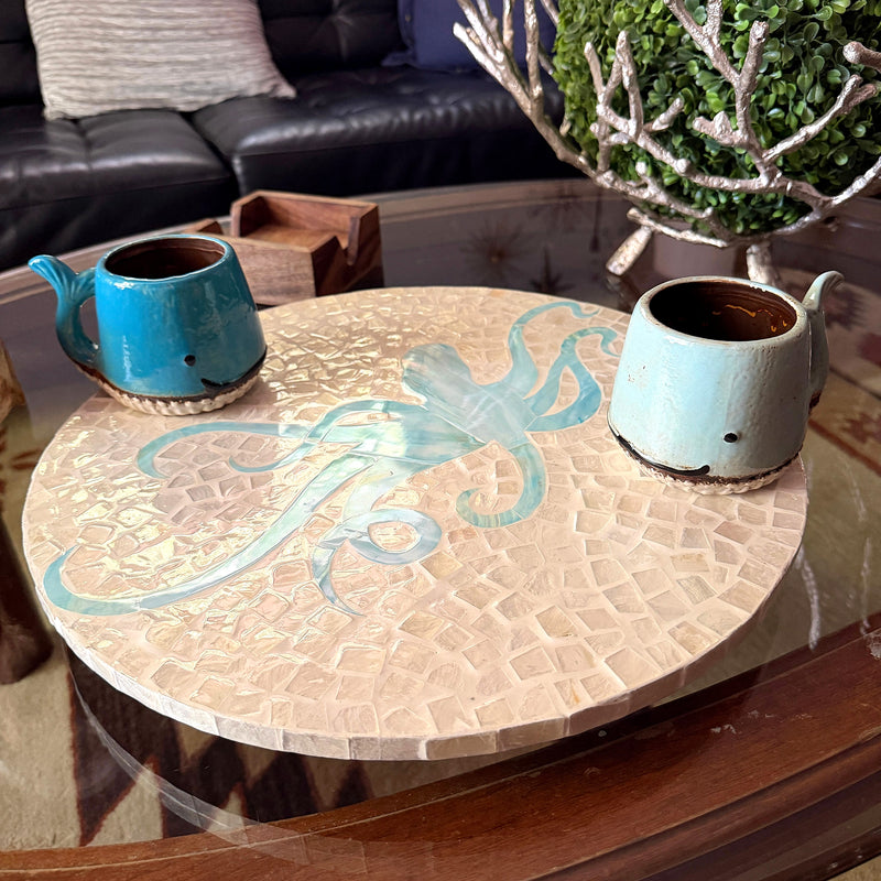 Zeckos Octopus Lazy Susan 16 Inch Handcrafted Capiz Shell Rotating Tray with Glossy Mosaic Surface, Light Blue and White