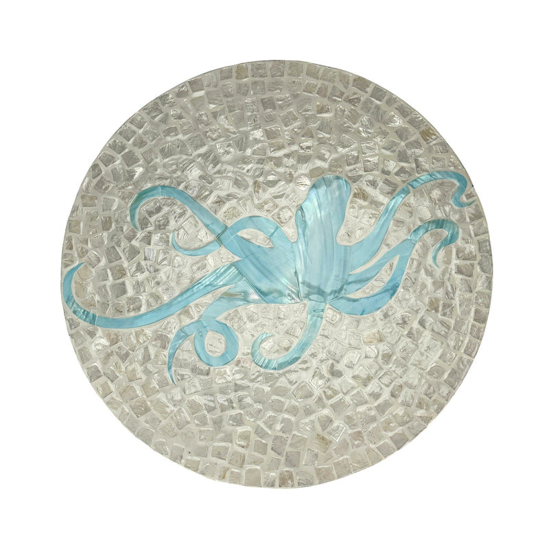 Zeckos Octopus Lazy Susan 16 Inch Handcrafted Capiz Shell Rotating Tray with Glossy Mosaic Surface, Light Blue and White