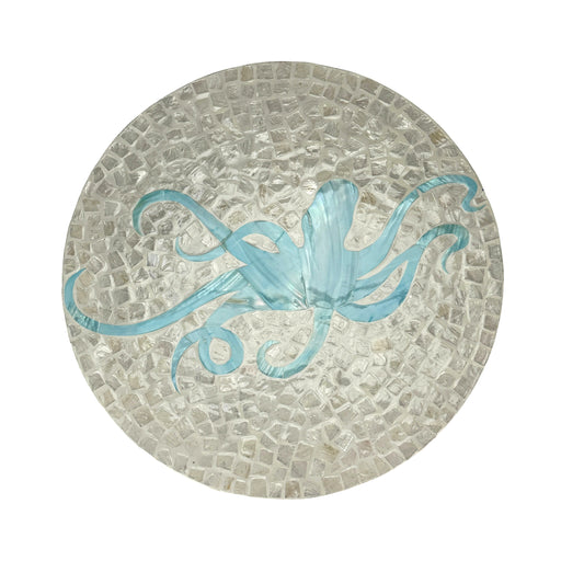 Zeckos Octopus Lazy Susan 16 Inch Handcrafted Capiz Shell Rotating Tray with Glossy Mosaic Surface, Light Blue and White