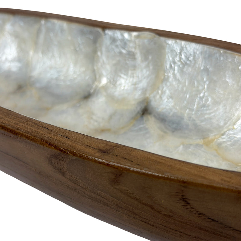 Zeckos Decorative Boat Bowl, 24-Inch Teak Wood with White Capiz Interior Image 10