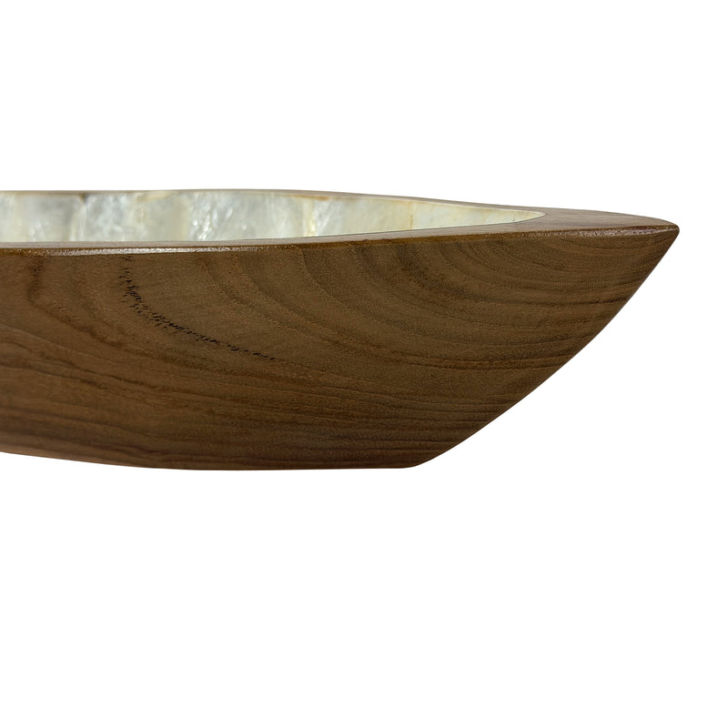 Zeckos Decorative Boat Bowl, 24-Inch Teak Wood with White Capiz Interior Image 2