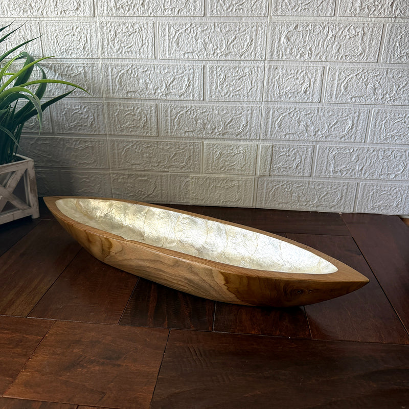 Zeckos Decorative Boat Bowl, 24-Inch Teak Wood with White Capiz Interior Image 4