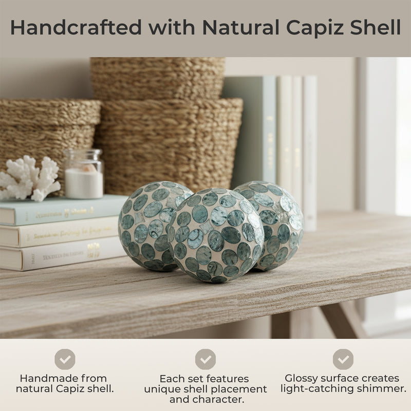 Blue - Image 6 - Zeckos Sea Blue Capiz Shell Decorative Orbs, Set of 3 Glossy 4 Inch Mosaic Sphere Accent Balls for Coastal