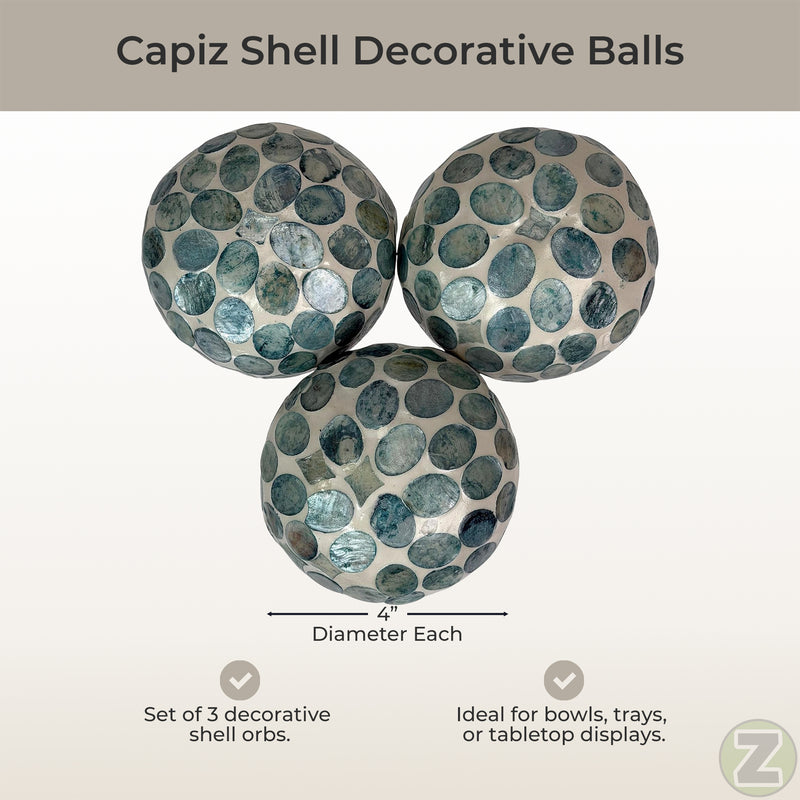 Blue - Image 4 - Zeckos Sea Blue Capiz Shell Decorative Orbs, Set of 3 Glossy 4 Inch Mosaic Sphere Accent Balls for Coastal