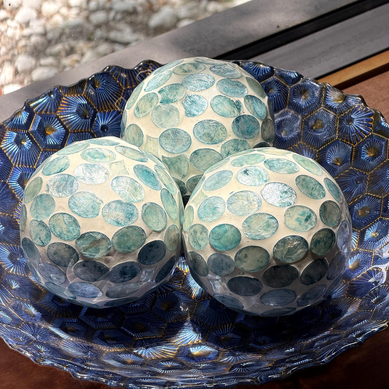 Blue - Image 8 - Zeckos Sea Blue Capiz Shell Decorative Orbs, Set of 3 Glossy 4 Inch Mosaic Sphere Accent Balls for Coastal