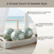 Green - Image 5 - Zeckos Decorative Balls Set of 3, Aqua Capiz Shell Orbs, 4 Inch Glossy Handmade Coastal Table Centerpiece