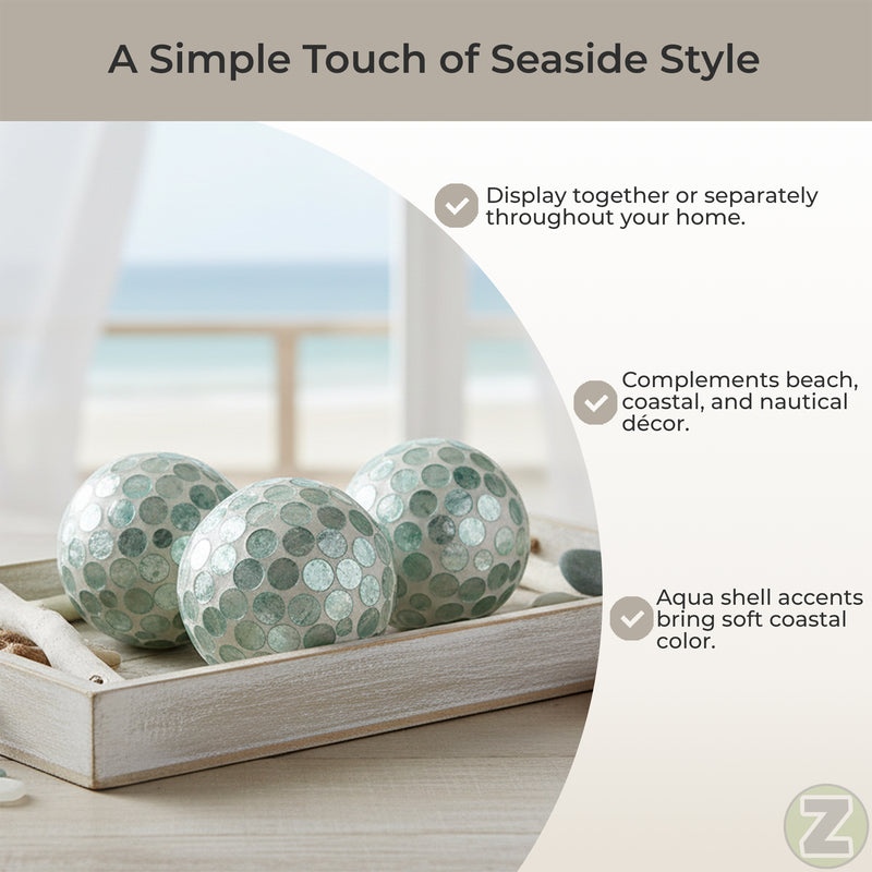 Green - Image 5 - Zeckos Decorative Balls Set of 3, Aqua Capiz Shell Orbs, 4 Inch Glossy Handmade Coastal Table Centerpiece