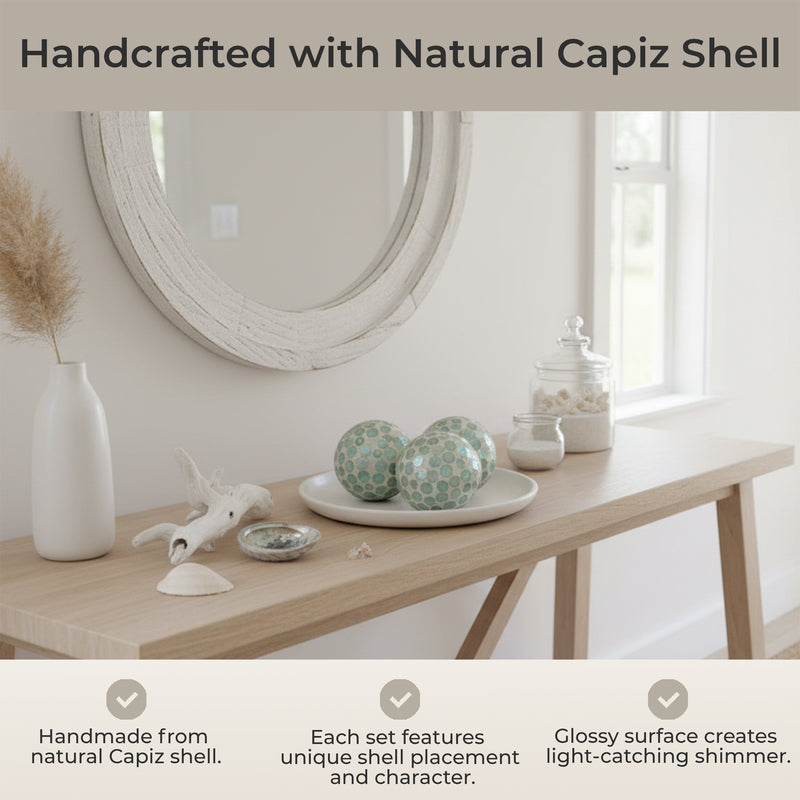 Green - Image 6 - Zeckos Decorative Balls Set of 3, Aqua Capiz Shell Orbs, 4 Inch Glossy Handmade Coastal Table Centerpiece