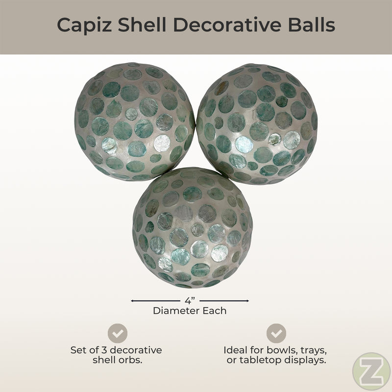 Green - Image 4 - Zeckos Decorative Balls Set of 3, Aqua Capiz Shell Orbs, 4 Inch Glossy Handmade Coastal Table Centerpiece