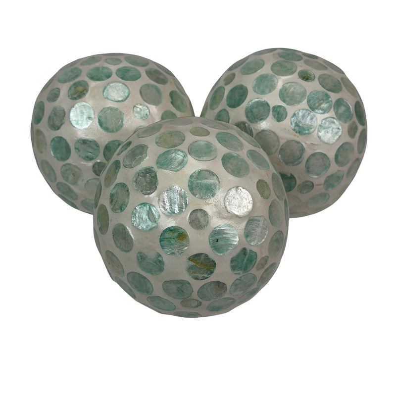 Green - Image 2 - Zeckos Decorative Balls Set of 3, Aqua Capiz Shell Orbs, 4 Inch Glossy Handmade Coastal Table Centerpiece