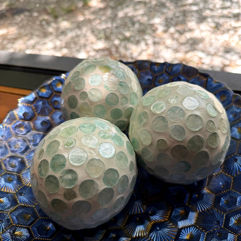 Green - Image 6 - Zeckos Decorative Balls Set of 3, Aqua Capiz Shell Orbs, 4 Inch Glossy Handmade Coastal Table Centerpiece