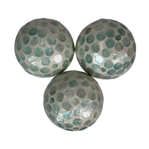 Green - Image 1 - Zeckos Decorative Balls Set of 3, Aqua Capiz Shell Orbs, 4 Inch Glossy Handmade Coastal Table Centerpiece