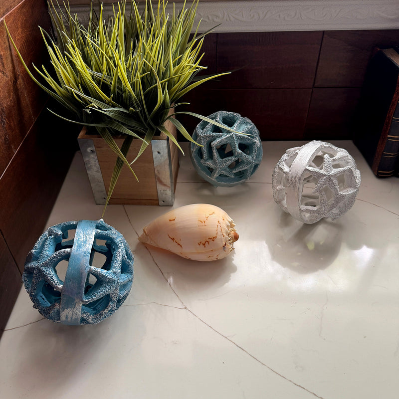 Set of 3 Decorative Orbs, 4 Inch Coastal Starfish Resin Balls Image 4