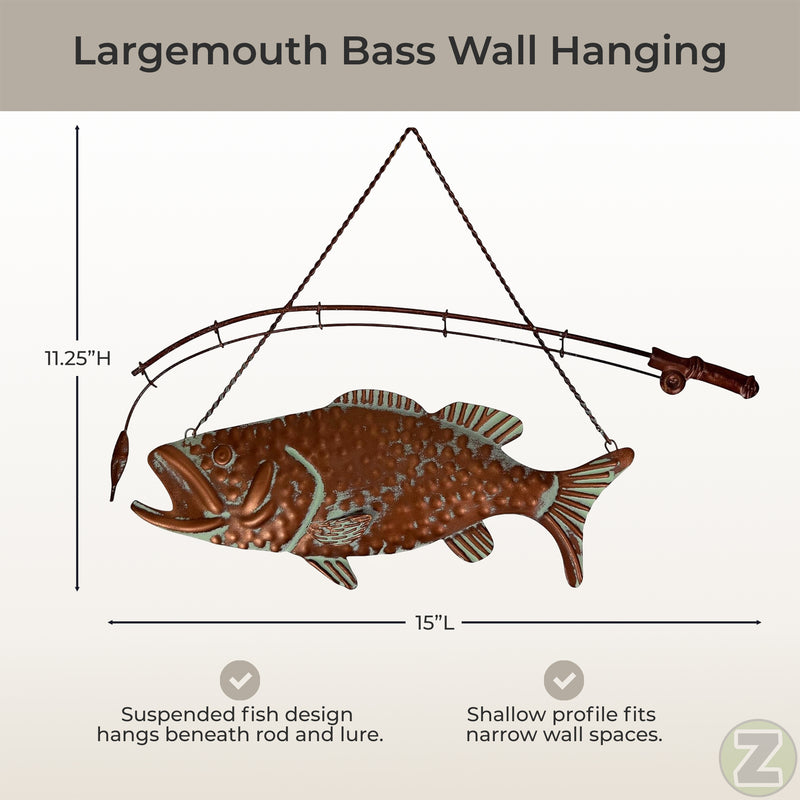 Zeckos Largemouth Bass Metal Wall Hanging, Rustic Copper Verdigris Fish Wall Sculpture with Rod and Lure, 15 Inch Long Lodge