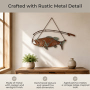 Zeckos Largemouth Bass Metal Wall Hanging, Rustic Copper Verdigris Fish Wall Sculpture with Rod and Lure, 15 Inch Long Lodge