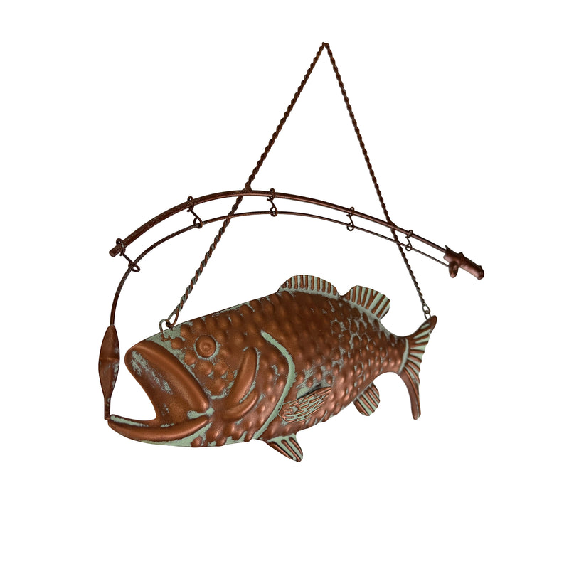 Zeckos Largemouth Bass Metal Wall Hanging, Rustic Copper Verdigris Fish Wall Sculpture with Rod and Lure, 15 Inch Long Lodge