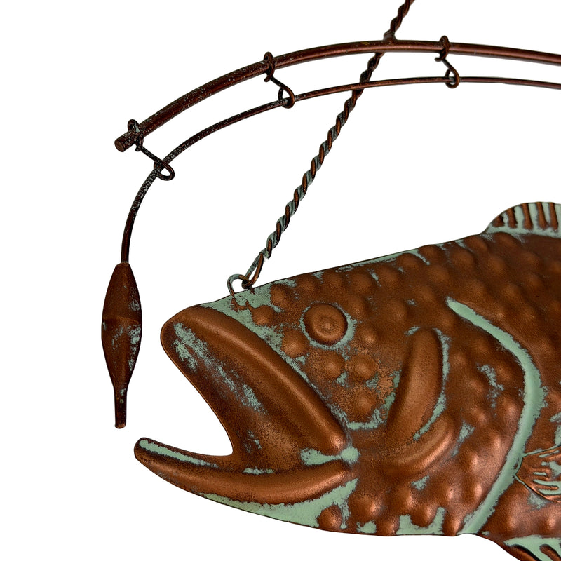 Zeckos Largemouth Bass Metal Wall Hanging, Rustic Copper Verdigris Fish Wall Sculpture with Rod and Lure, 15 Inch Long Lodge