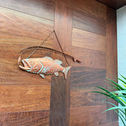 Zeckos Largemouth Bass Metal Wall Hanging, Rustic Copper Verdigris Fish Wall Sculpture with Rod and Lure, 15 Inch Long Lodge