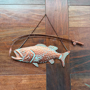 Zeckos Largemouth Bass Metal Wall Hanging, Rustic Copper Verdigris Fish Wall Sculpture with Rod and Lure, 15 Inch Long Lodge