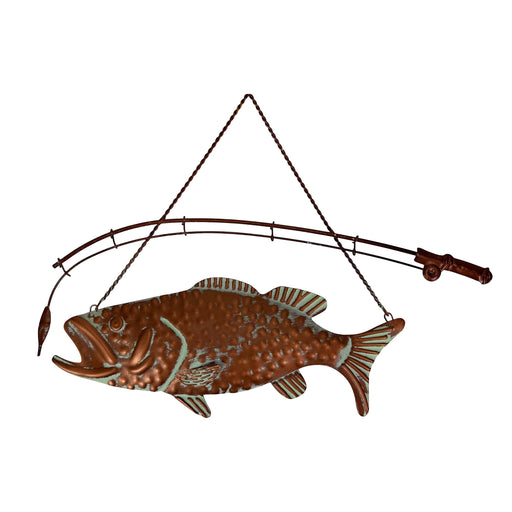 Zeckos Largemouth Bass Metal Wall Hanging, Rustic Copper Verdigris Fish Wall Sculpture with Rod and Lure, 15 Inch Long Lodge
