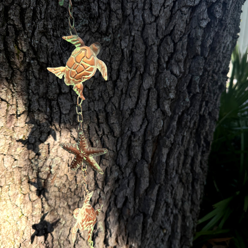 Sea Turtle, Starfish - Image 4 - Zeckos Sea Turtle Rain Chain with Starfish, 84 Inch Copper Metal