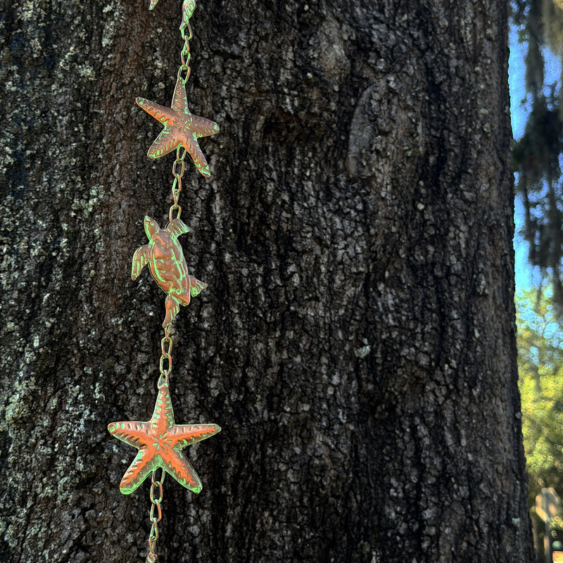 Sea Turtle, Starfish - Image 6 - Zeckos Sea Turtle Rain Chain with Starfish, 84 Inch Copper Metal