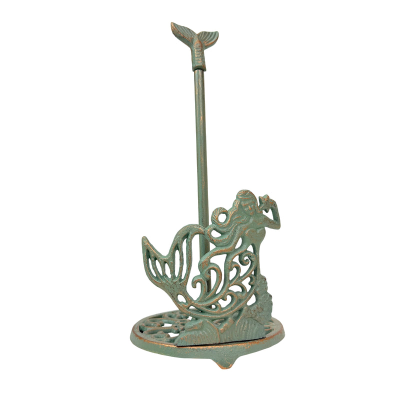 Zeckos Mermaid Paper Towel Holder, Verdigris Iron Tail Finial, 14 Inch Tall Image 1