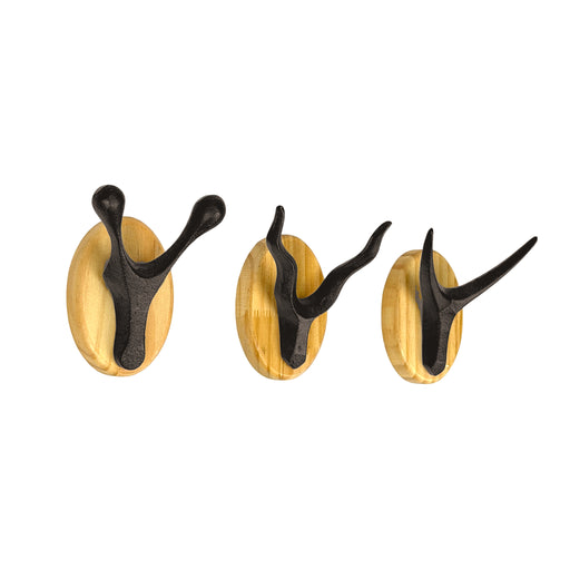Zeckos Set of 3 Cast Iron Antler Wall Hooks, 3.75 Inch Tall, Wood-Backed Image 2