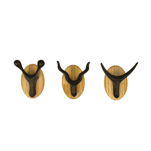 Zeckos Set of 3 Cast Iron Antler Wall Hooks, 3.75 Inch Tall, Wood-Backed Image 1