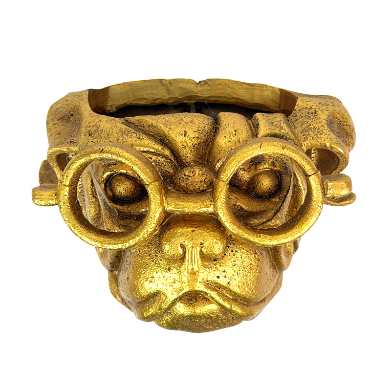 Zeckos Bulldog Wall Planter, Antique Gold Resin, 8 Inch Wide with Glasses Image 1