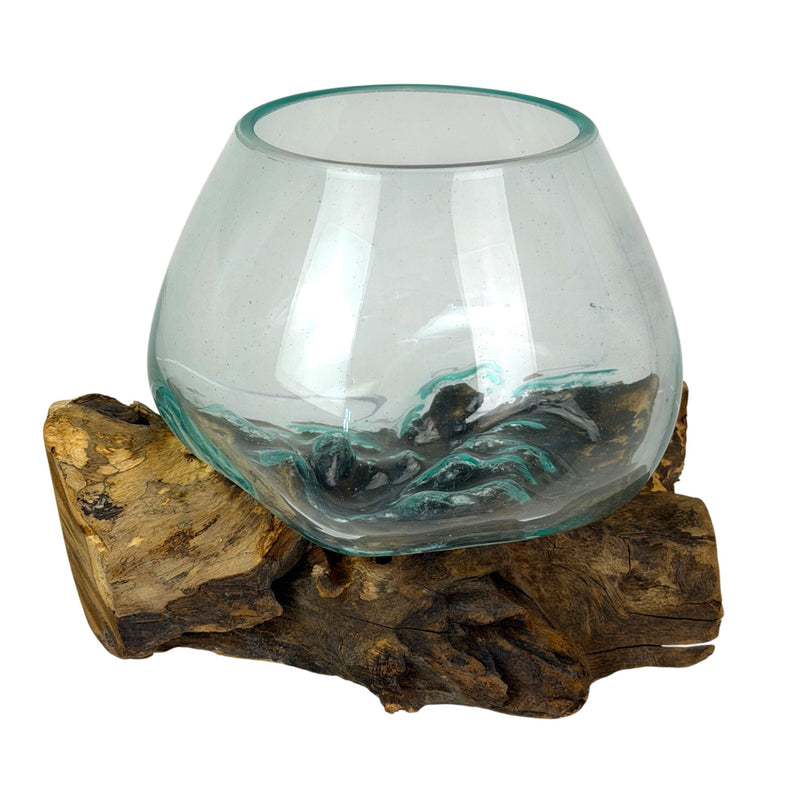 7 Inch - Image 3 - Zeckos Planter Terrarium with Molten Glass Bowl on Driftwood Base, Coastal Wood and Glass Tabletop