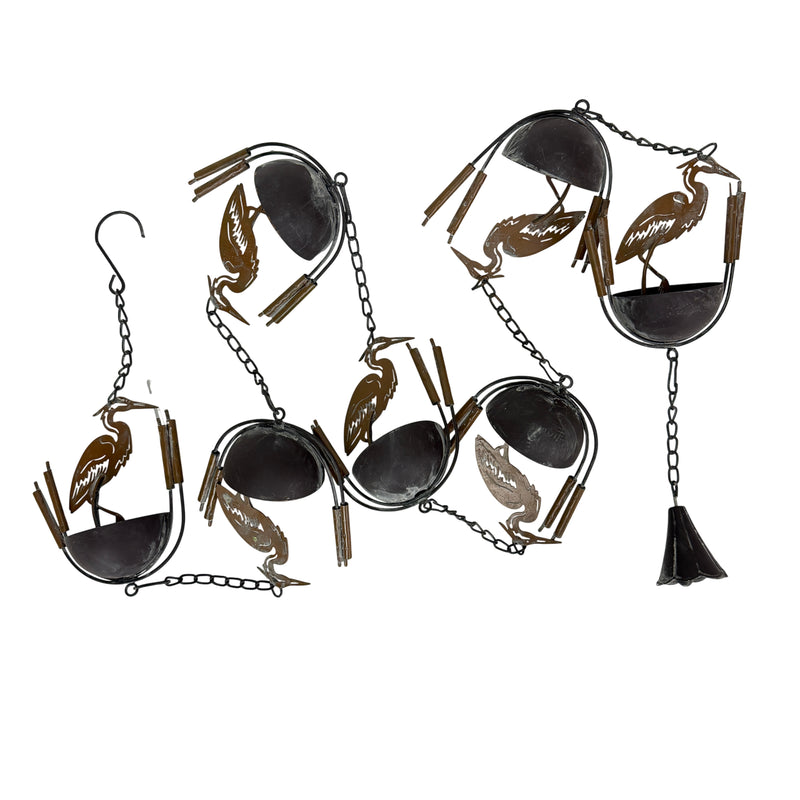 Brown - Image 2 - Zeckos Heron Rain Chain, 84 Inch Brown Metal with 7 Bird and Cattail Cups