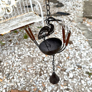 Brown - Image 5 - Zeckos Heron Rain Chain, 84 Inch Brown Metal with 7 Bird and Cattail Cups