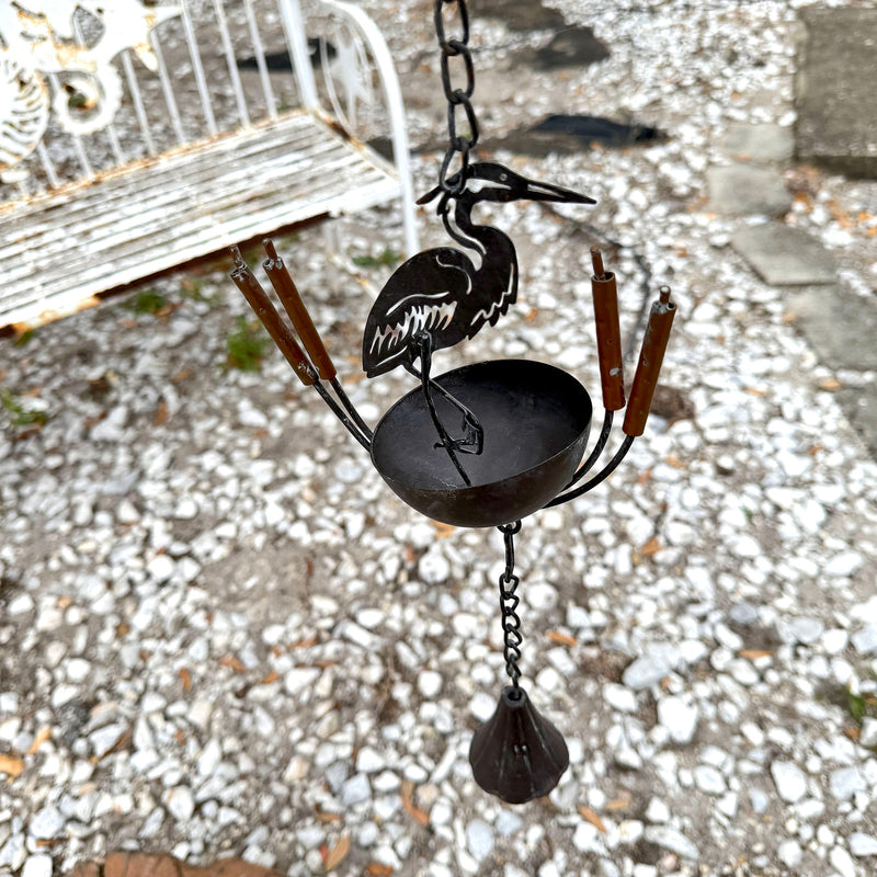 Brown - Image 5 - Zeckos Heron Rain Chain, 84 Inch Brown Metal with 7 Bird and Cattail Cups