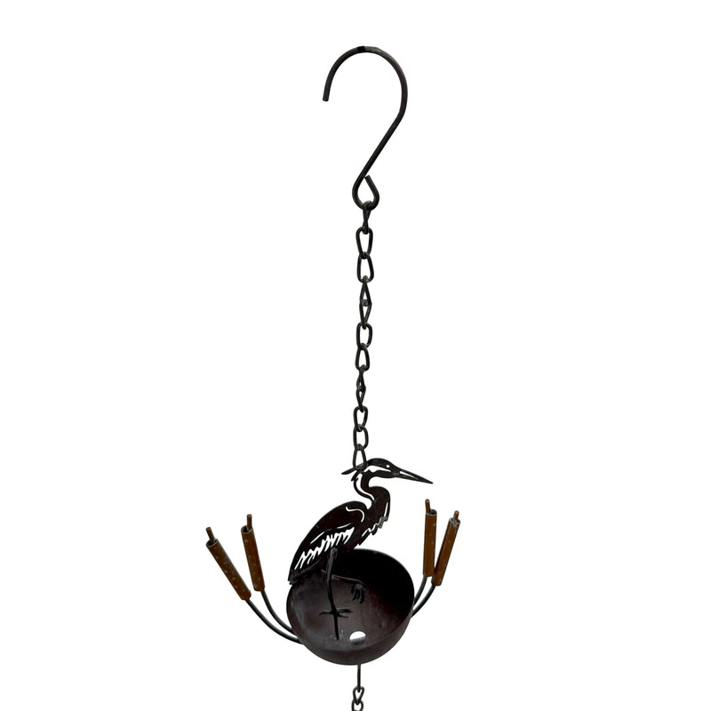 Brown - Image 9 - Zeckos Heron Rain Chain, 84 Inch Brown Metal with 7 Bird and Cattail Cups