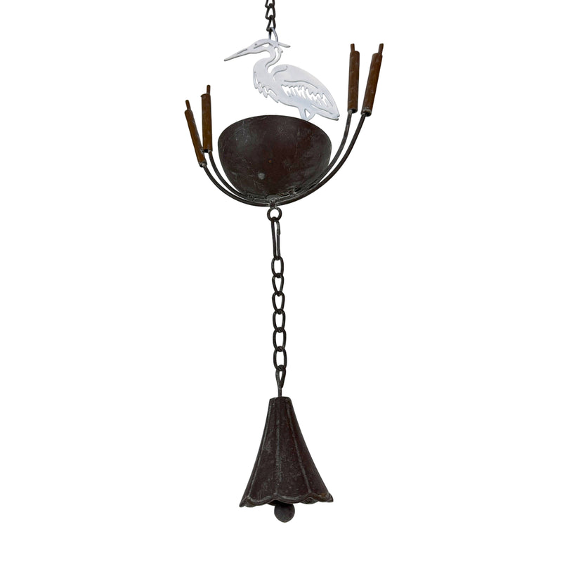 White - Image 3 - Zeckos Heron Bird Rain Chain 84 Inch White Metal with 7 Cups, Hook and Bell