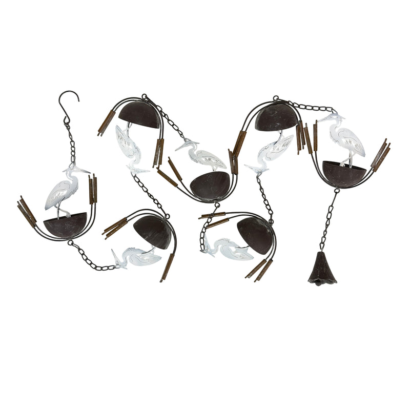 White - Image 2 - Zeckos Heron Bird Rain Chain 84 Inch White Metal with 7 Cups, Hook and Bell
