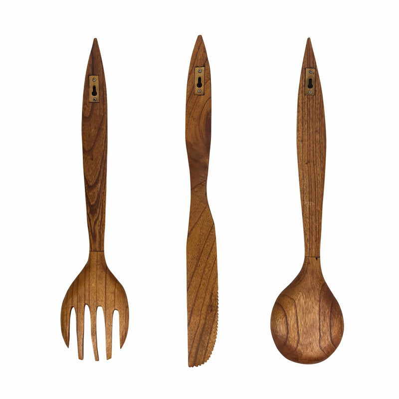Zeckos Set of 3 Wooden Cutlery Wall Sculptures, Spoon Fork Knife, 24 Inch Image 3