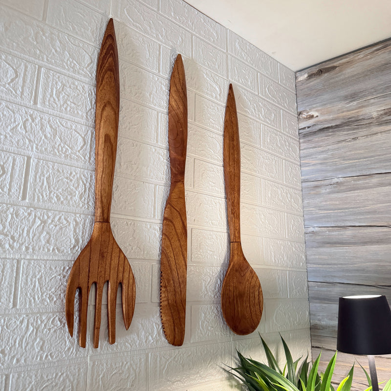 Zeckos Set of 3 Wooden Cutlery Wall Sculptures, Spoon Fork Knife, 24 Inch Image 4