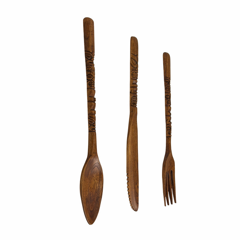 Zeckos Set of 3 Tiki Carved Wood Wall Cutlery, 24-Inch Spoon Fork Knife Image 2