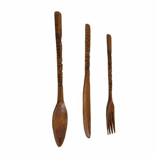 Zeckos Set of 3 Tiki Carved Wood Wall Cutlery, 24-Inch Spoon Fork Knife Image 2