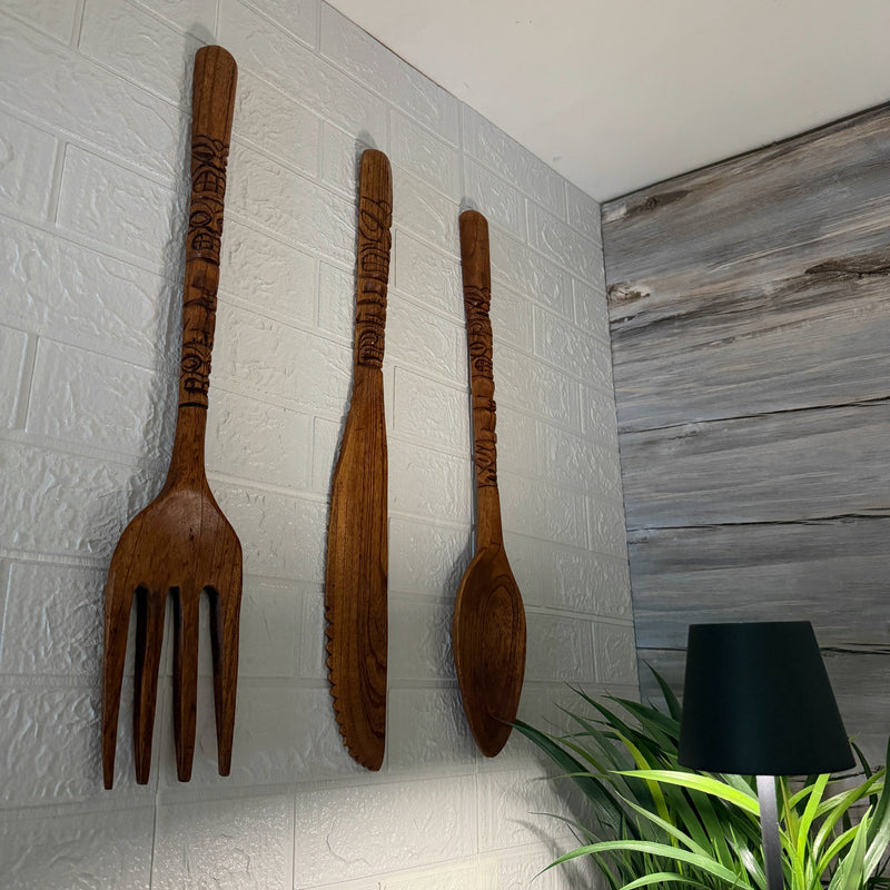 Zeckos Set of 3 Tiki Carved Wood Wall Cutlery, 24-Inch Spoon Fork Knife Image 4