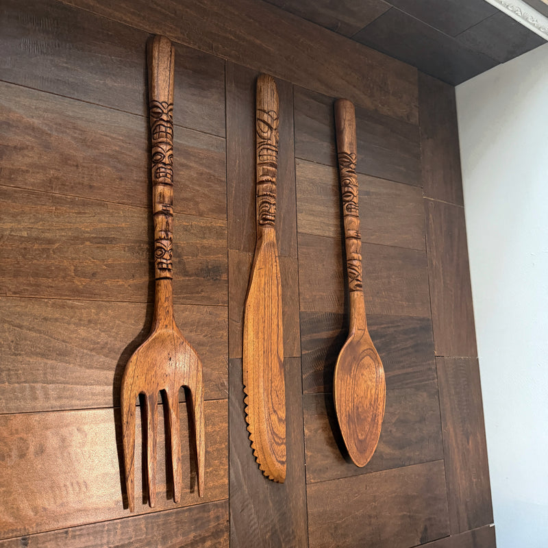 Zeckos Set of 3 Tiki Carved Wood Wall Cutlery, 24-Inch Spoon Fork Knife Image 5
